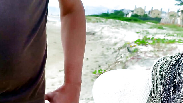 Homemade bikini handjob, in front of everyone, real dogging cumshot, dogging wife beach, cums strangers beach