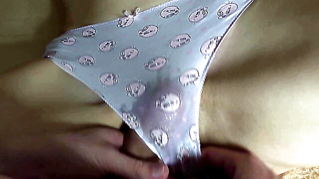 Sexy brunette cum, cum on roommate panties, rubber orgasm, my pussy my panties and my clit, cumshots on panties