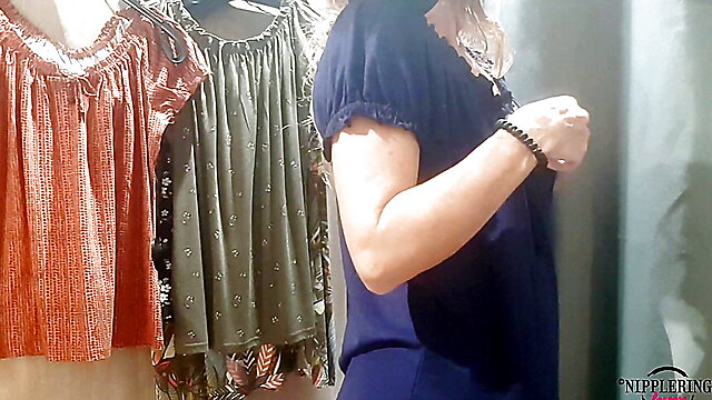 German fitting room, topless bra, blonde mature hidden, pussy lips flashing, homemade changing room