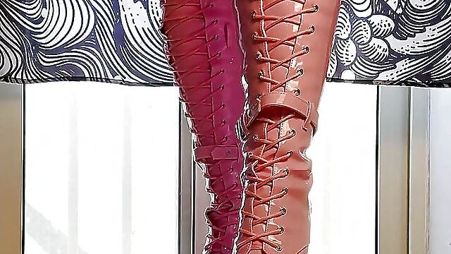 Latex high heels walking, heels cock sounding, watch where you are walking, high heel kick, foot walking